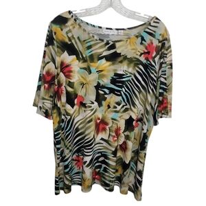 Susan Graver floral zebra print short sleeve cold shoulder top size 1X